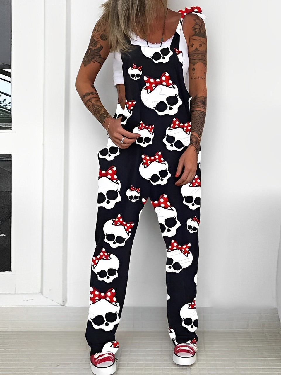 Skull Print Suspenders Casual Overalls