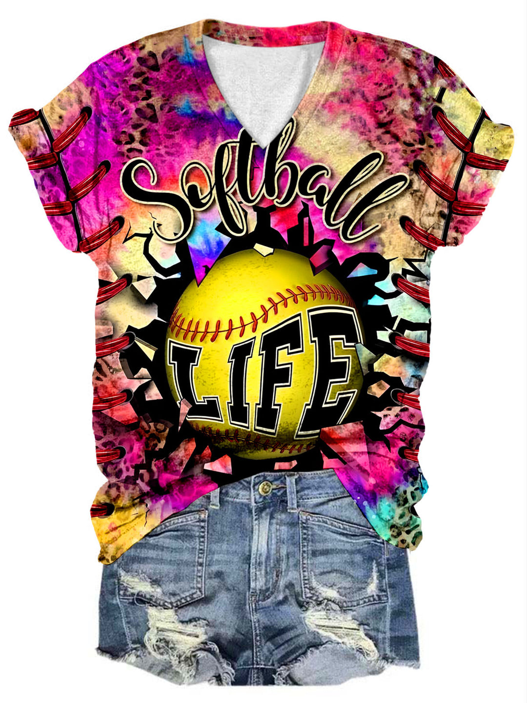 Softball Life Tie-dye Print V-Neck Tee