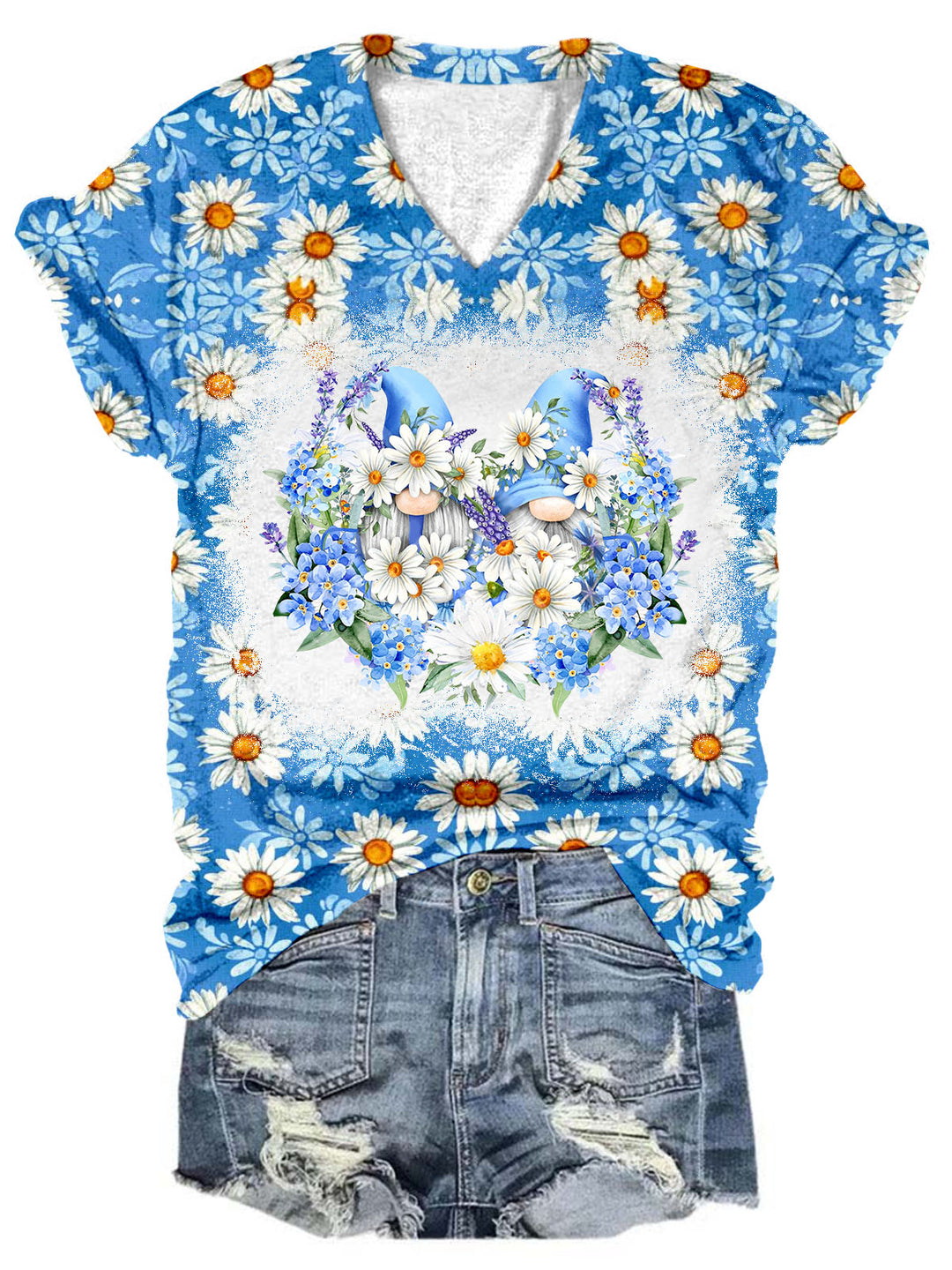 Daisy Gnome Print V-Neck T-Shirt