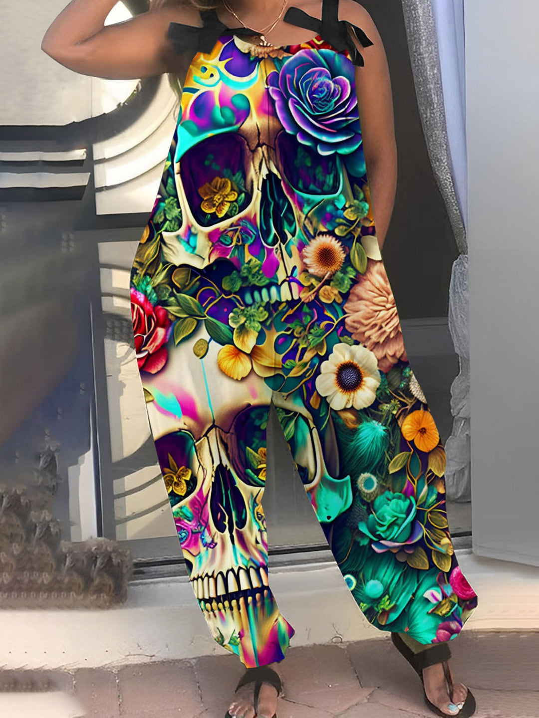 Sugar Skull Rose Print Punk Jumpsuit