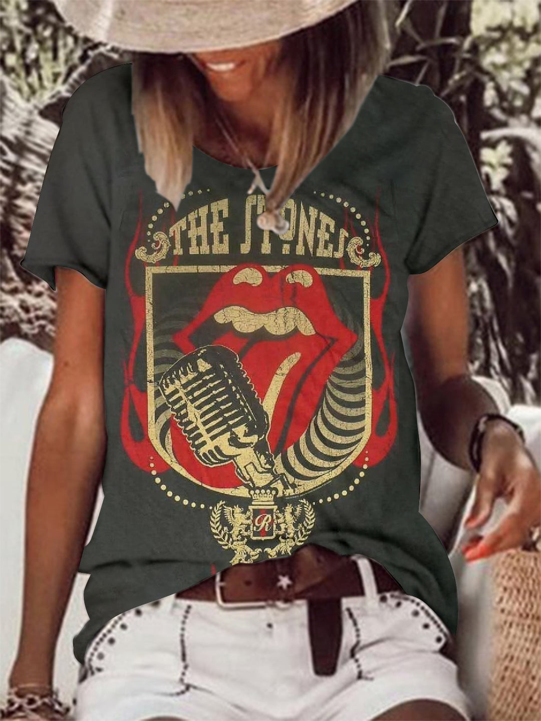 Vintage Microphone Lips Crew Neck T-Shirt
