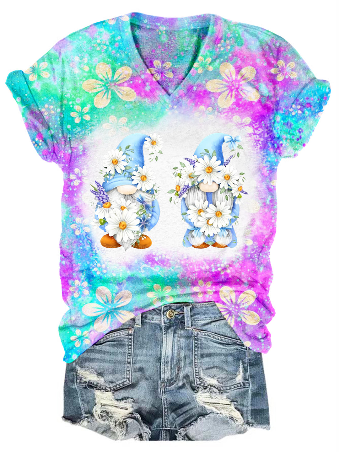 Daisy Gnome Tie Dye V Neck T-shirt