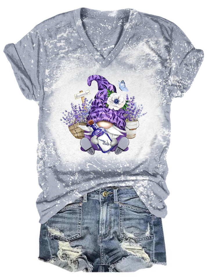 Lavender Garden Gnome Tie Dye V Neck T-shirt