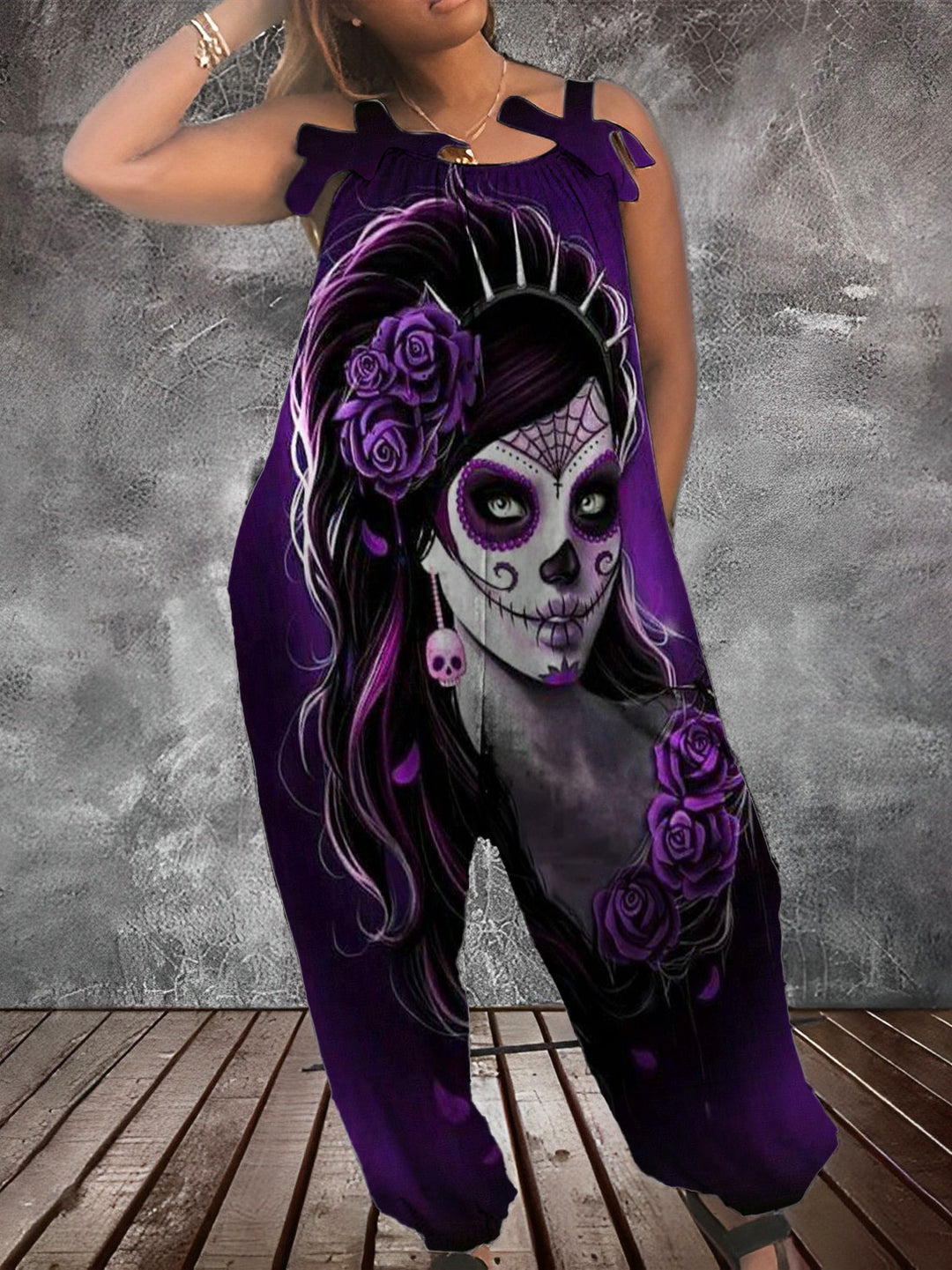 Beautiful Sugar Skull Woman Print Punk Jumpsuit