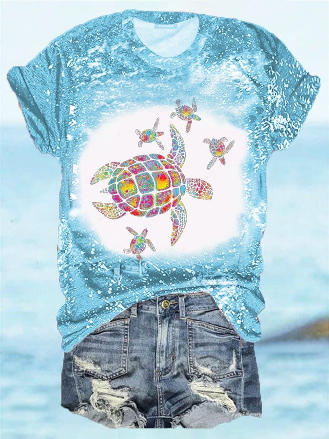 Sea Turtle Bleach Print Crew Neck Tee