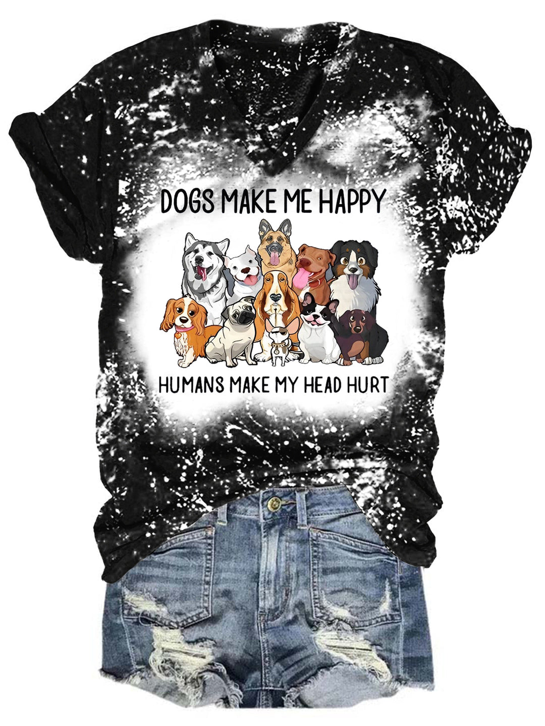 Dogs Make Me Happy Bleaching V Neck T-shirt