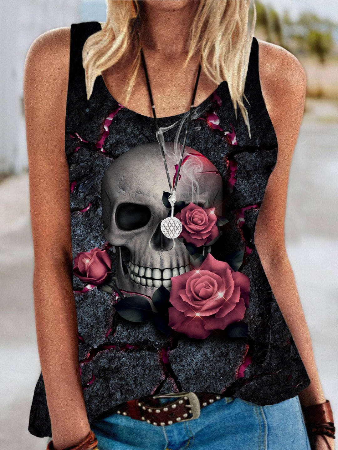 Skull Rose Print Sleeveless Tank Top