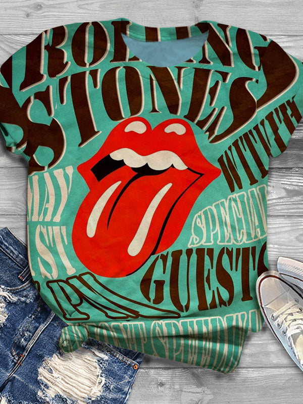 Lips Letter Print Round Neck Short Sleeve Top