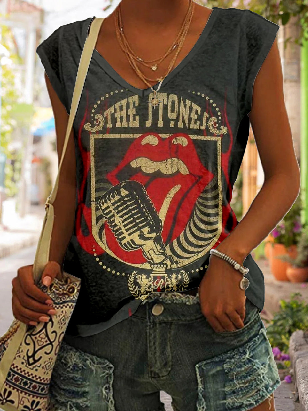 Vintage Microphone Lips V Neck Top