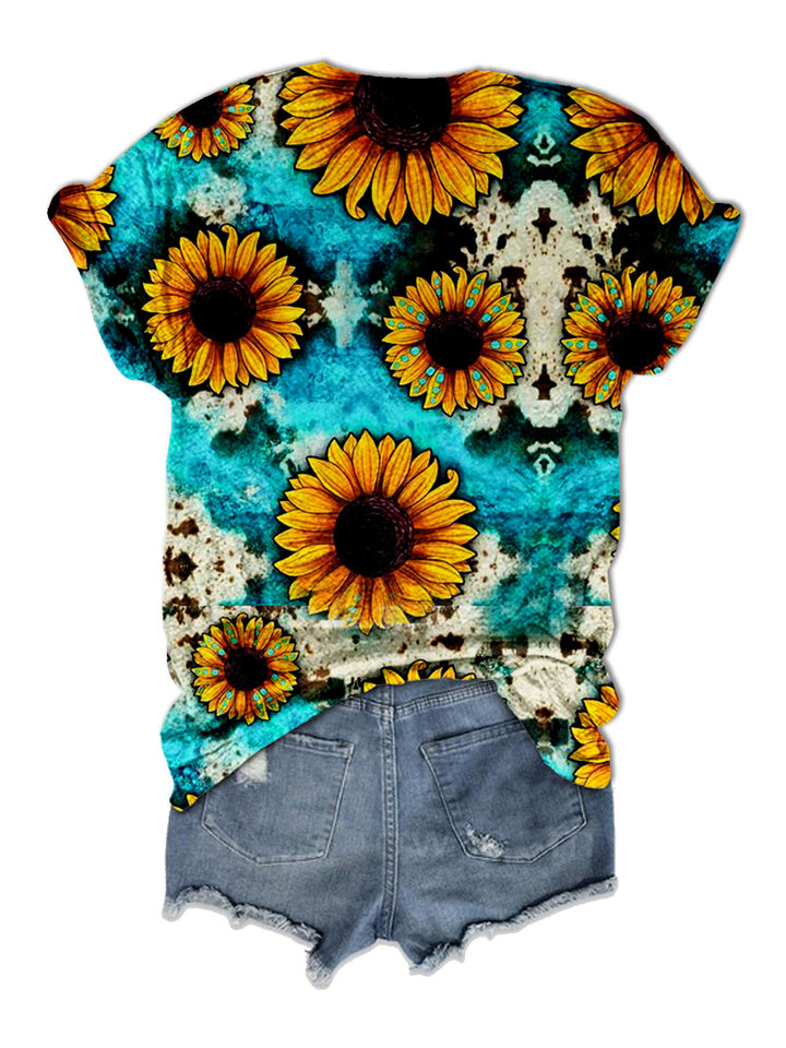 Women's Western Gnome Sunflower Print T-Shirt