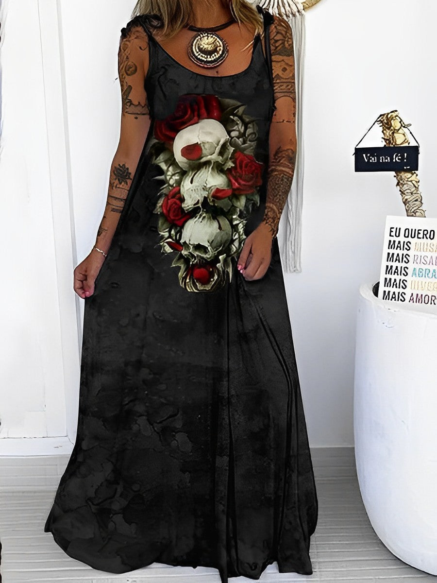 Dia De Muertos Floral Skull Print Halloween Maxi Dress