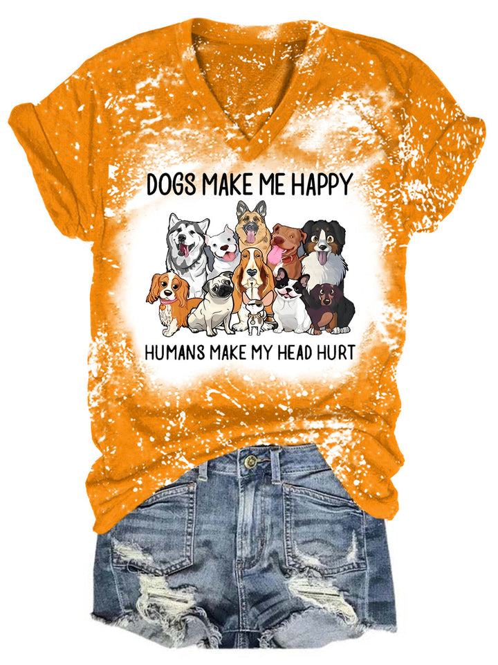 Dogs Make Me Happy Bleaching V Neck T-shirt