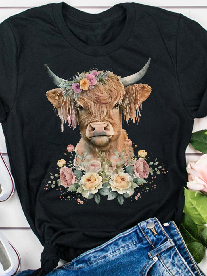 Flower Highland Cow Print T-Shirt