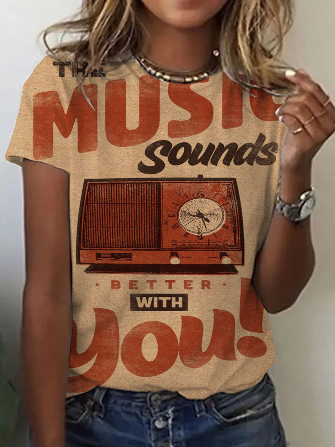 Retro Music Print Crew Neck T-Shirt