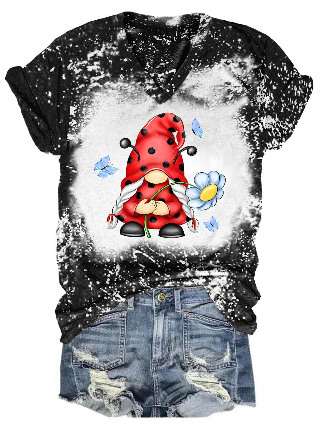 Ladybug Gnome Bleaching V Neck T-shirt