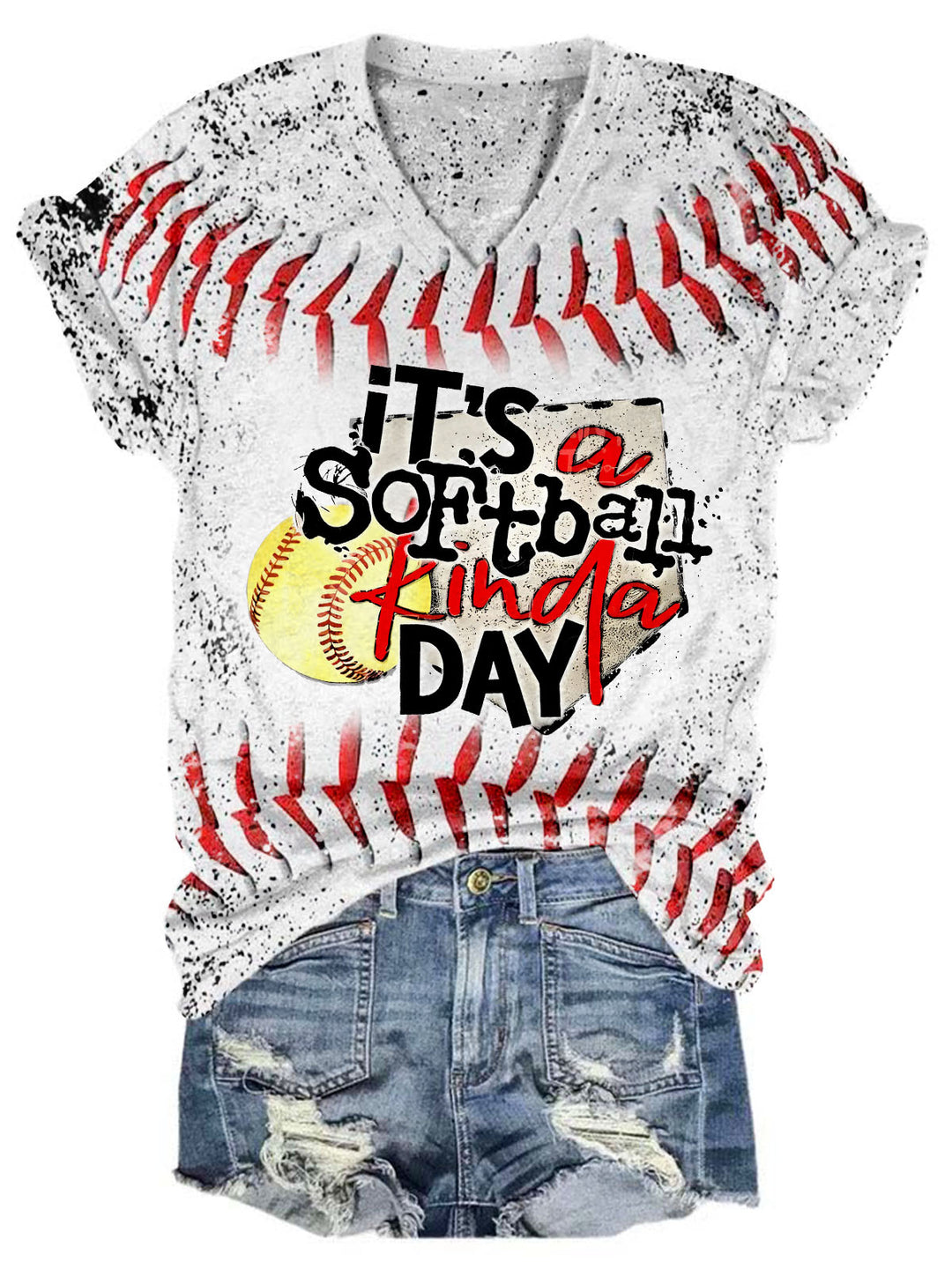 Its A Softball Kinda Day Print V-Neck Tie-dye Tee