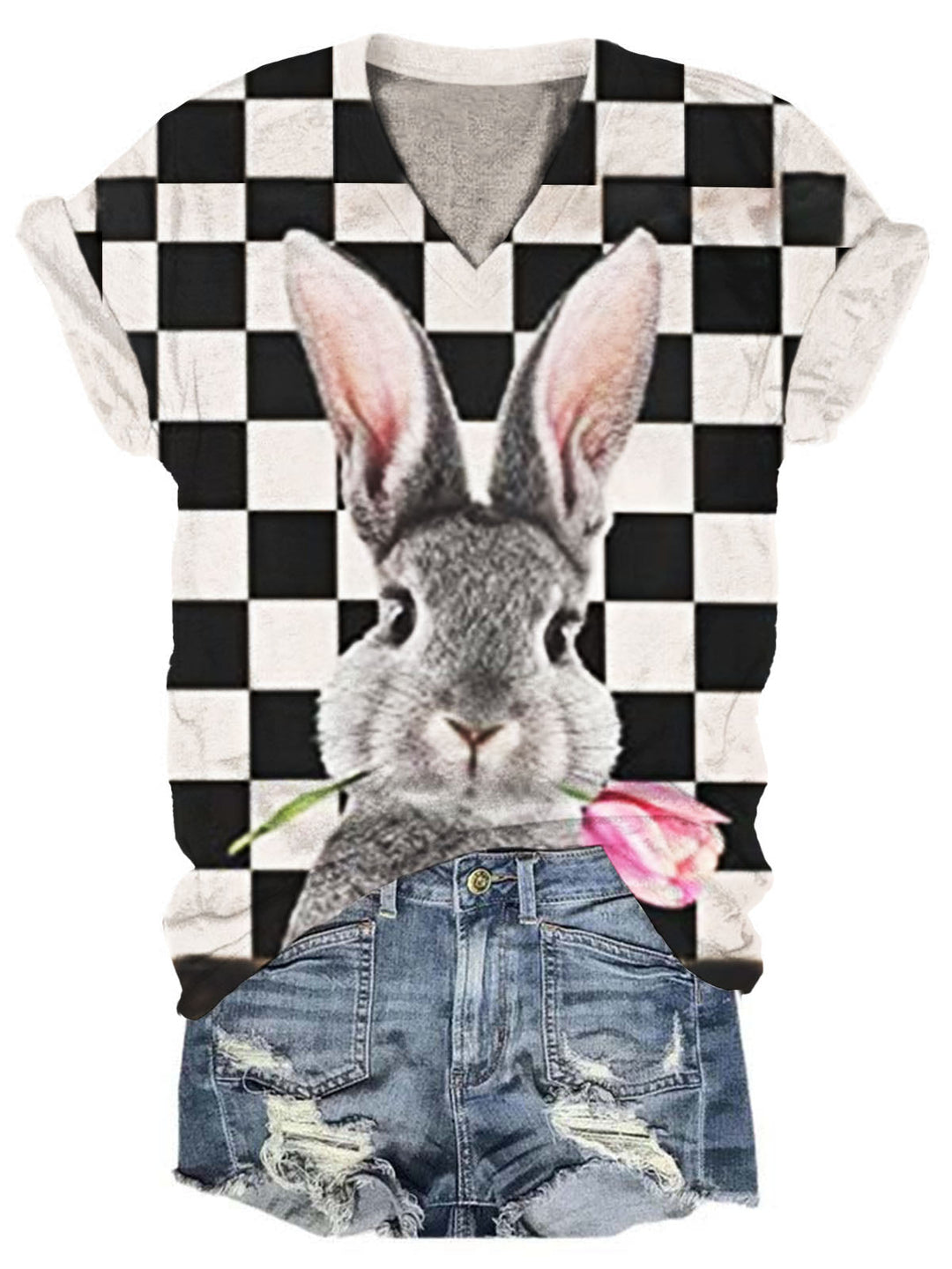 Women's Easter Bunny Print V-Neck Top