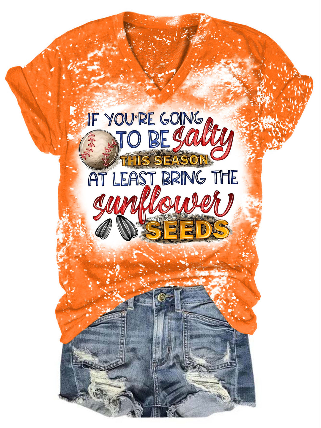 Salty Sunflower Seeds Baseball Print V-Neck T-Shirt