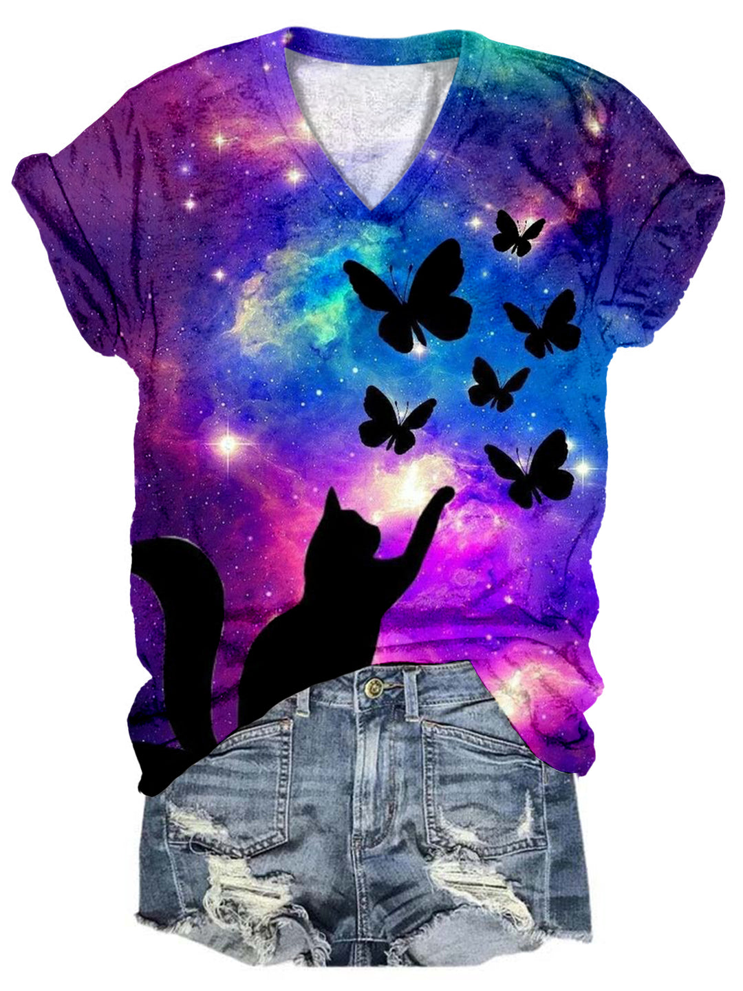 Cat And Butterfly Print V Neck T-shirt