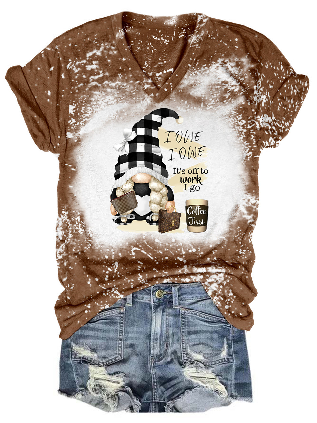 I Owe It's Off To Work  Coffee Gnome Tie Dye V Neck T-shirt