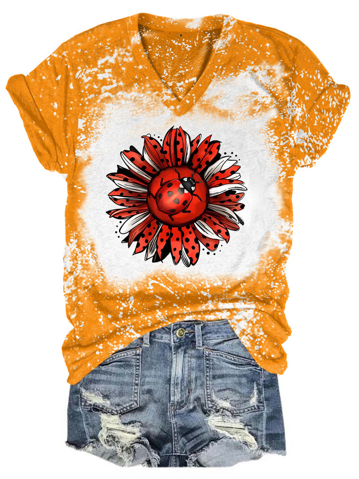 Ladybug Sunflower Bleaching V Neck T-shirt