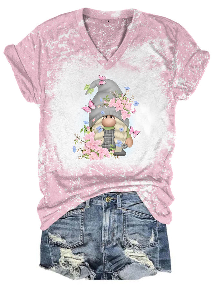 Floral Gnome Tie Dye V Neck T-shirt
