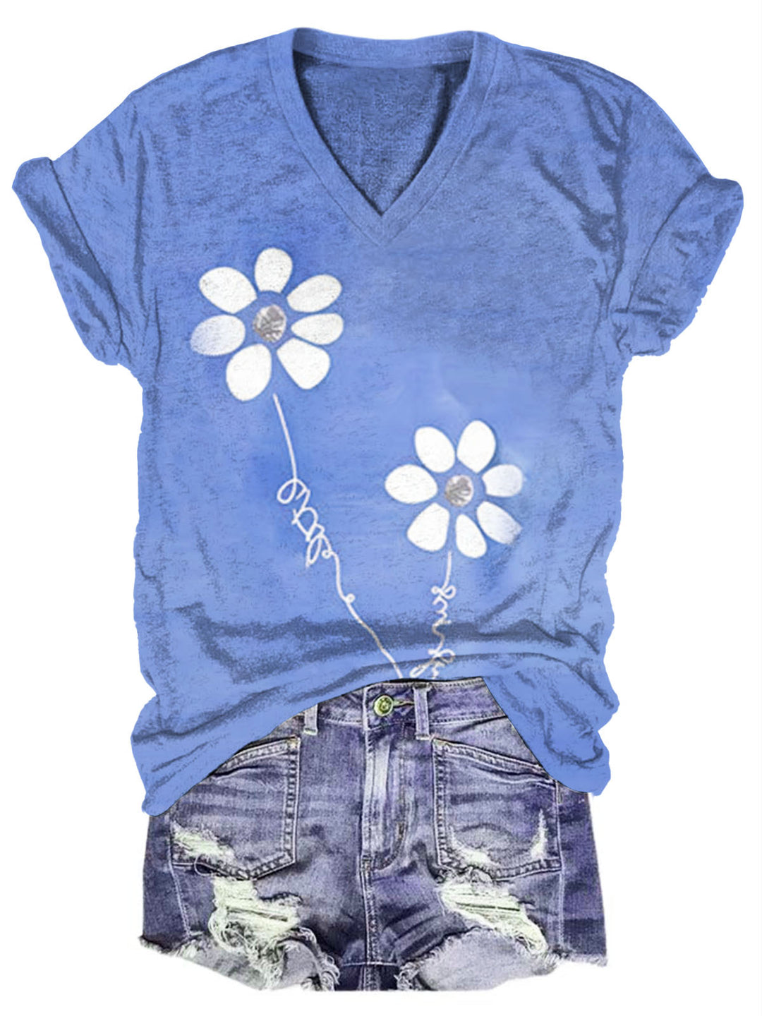 Daisy Print V Neck T-shirt