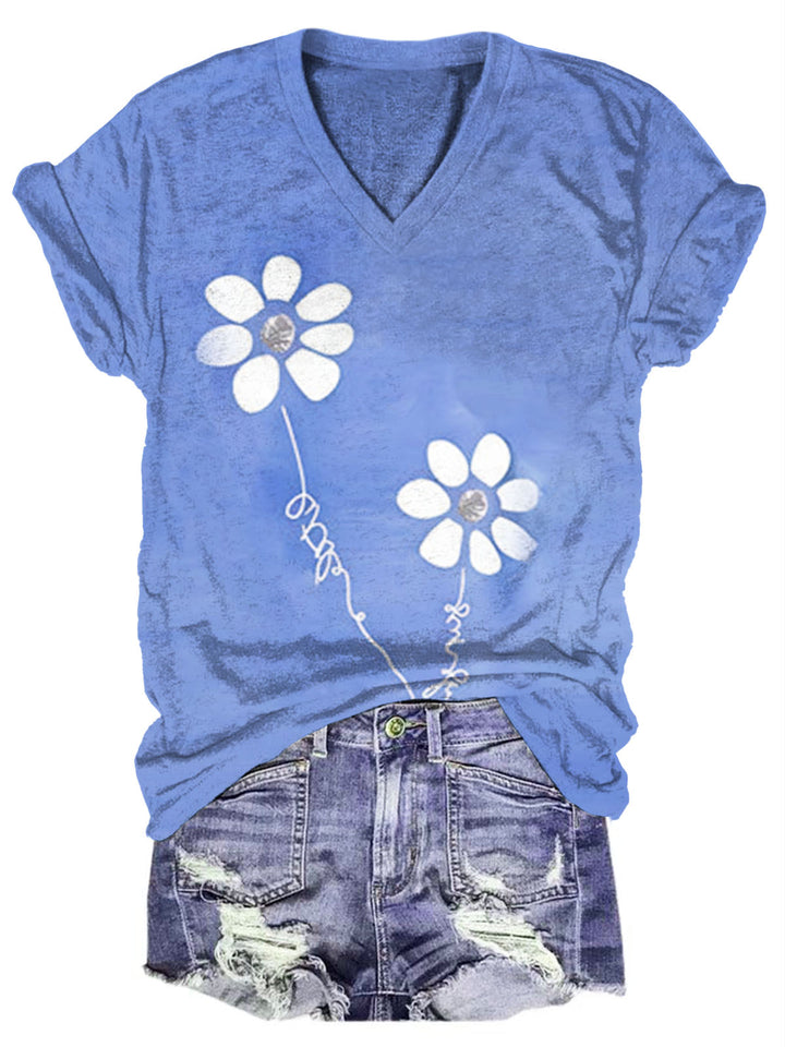 Daisy Print V Neck T-shirt