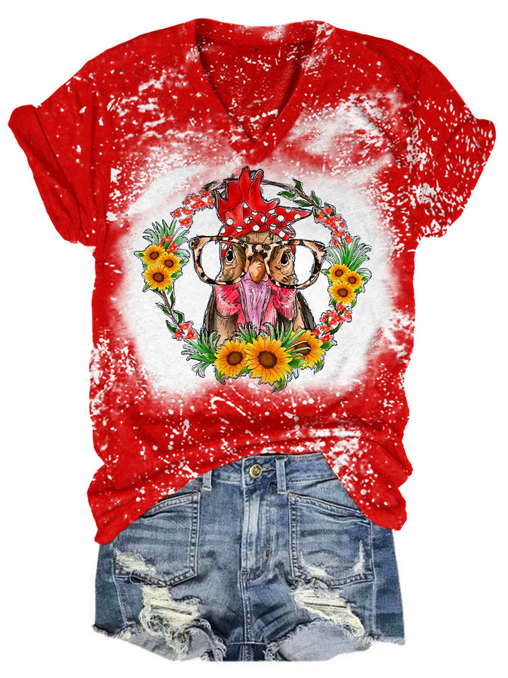 Sunflower Chicken Print V-Neck T-Shirt