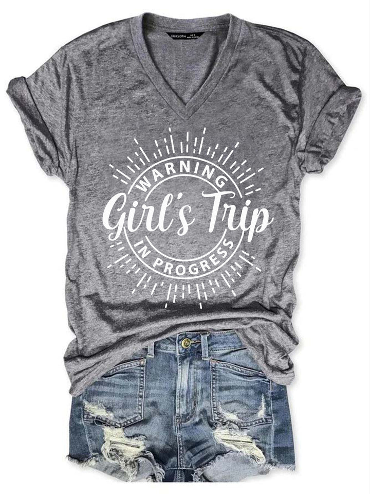 Warning Girl's Trip In Progress V Neck Cotton Blends Shirts & Tops