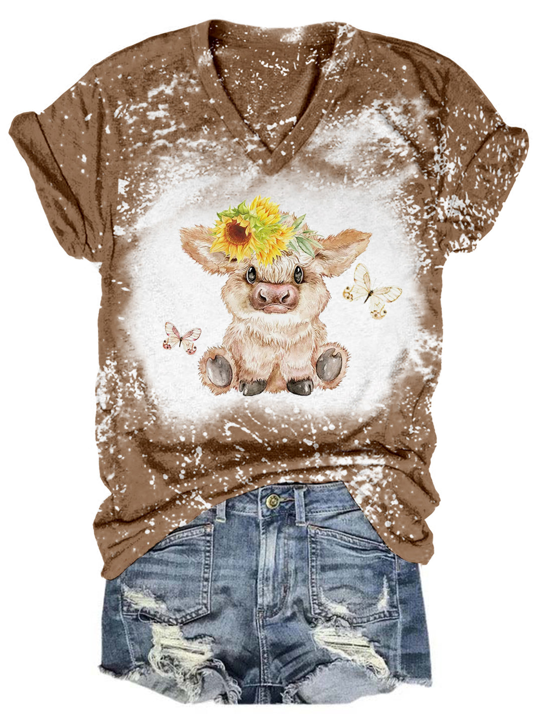 Highland Cow And Butterflies Tie Dye V Neck T-shirt