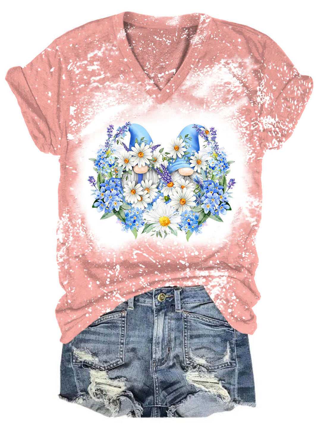 Daisy Gnome Print V-Neck T-Shirt
