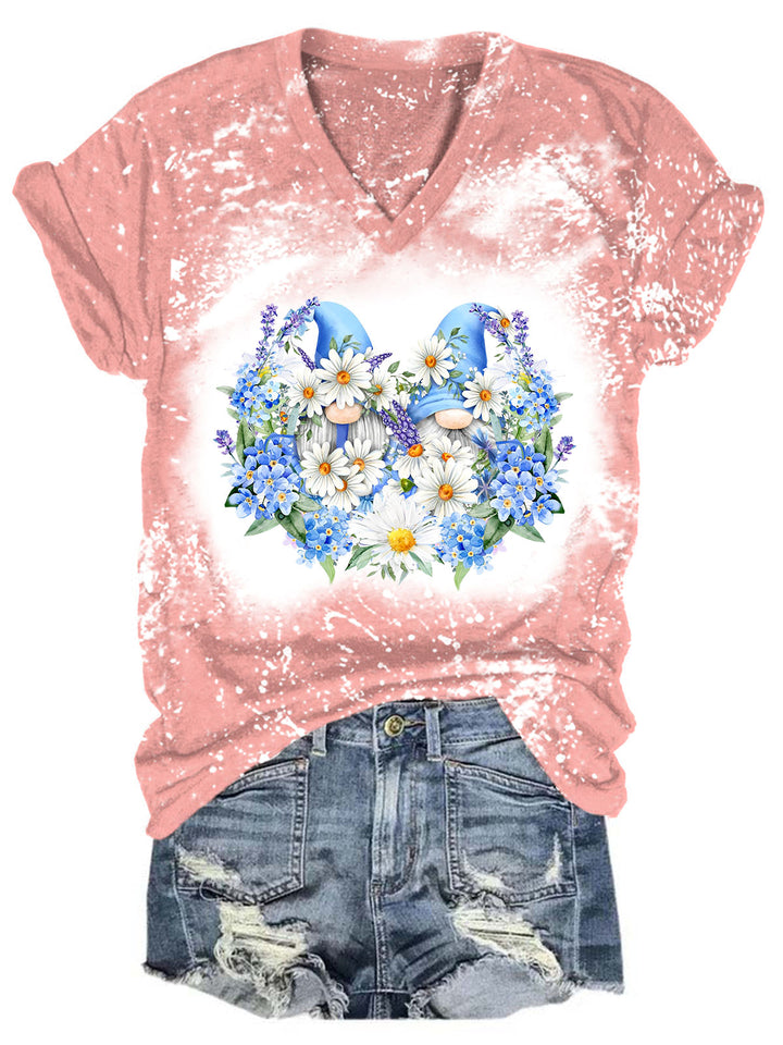 Daisy Gnome Print V-Neck T-Shirt