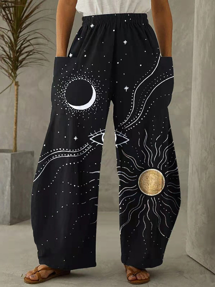 Sun And Moon Boho Mystical Print Vintage Pants