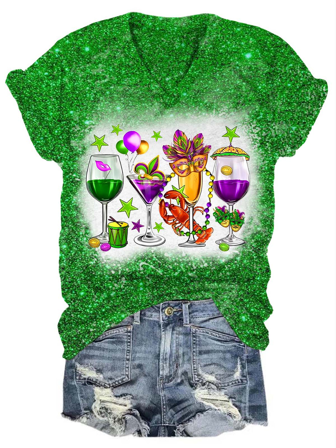 Fat Tuesday Mardi Gras Glitter V-Neck T-Shirt