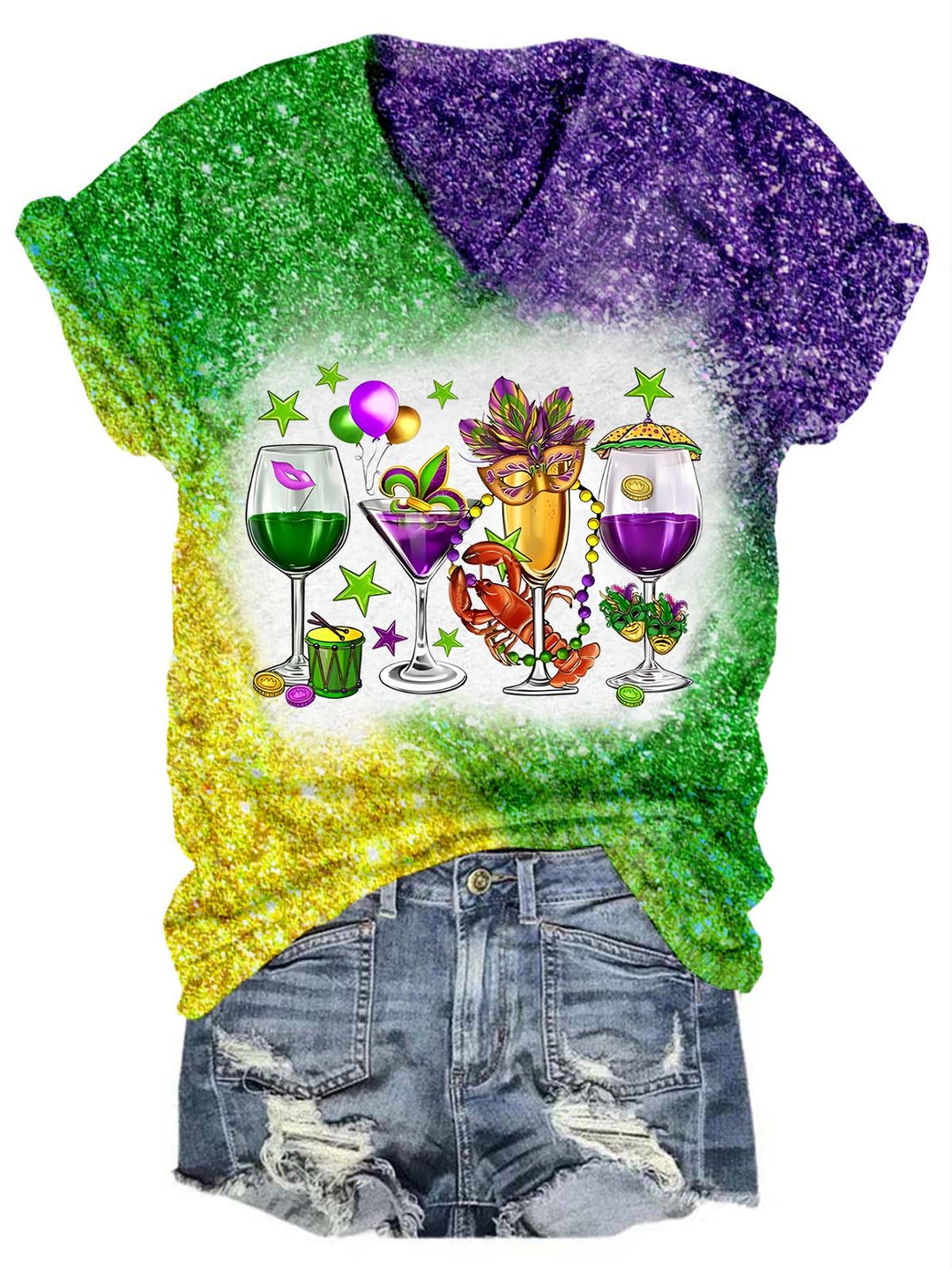 Fat Tuesday Mardi Gras Glitter V-Neck T-Shirt