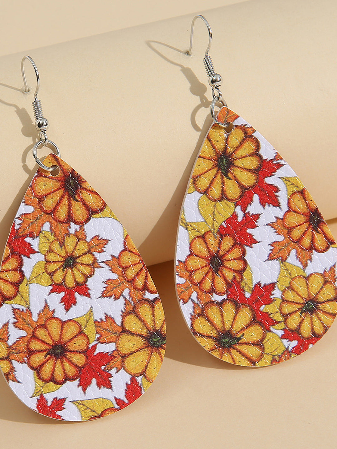 Pumpkin Maple Print Leather Earrings