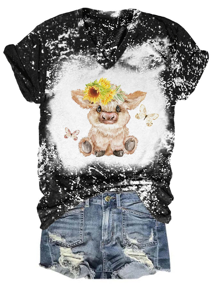Highland Cow And Butterflies Tie Dye V Neck T-shirt