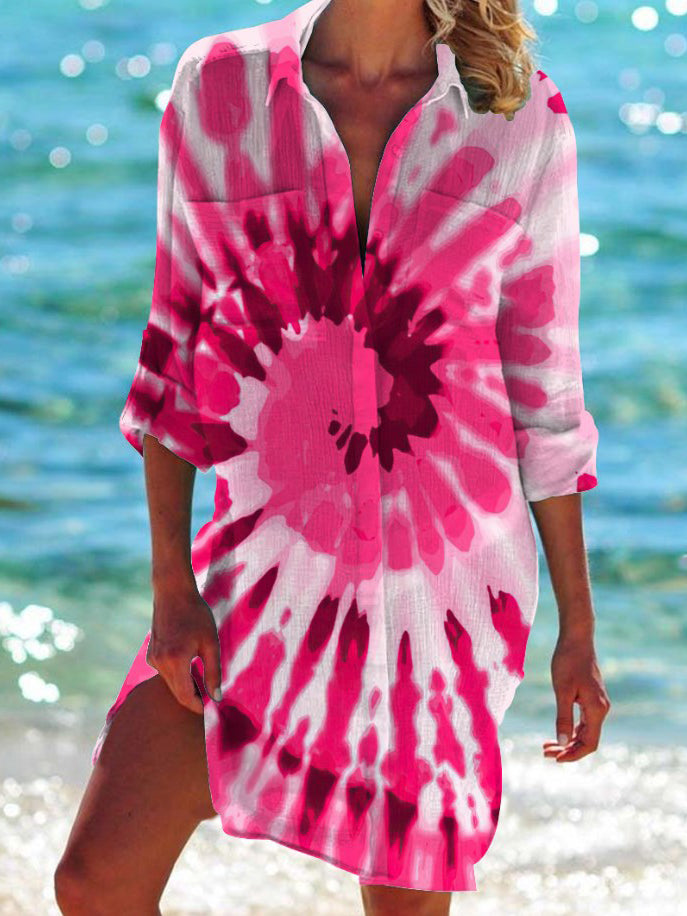 Pink Tie-dye Printed Beach Long Sleeve Shirt Dress