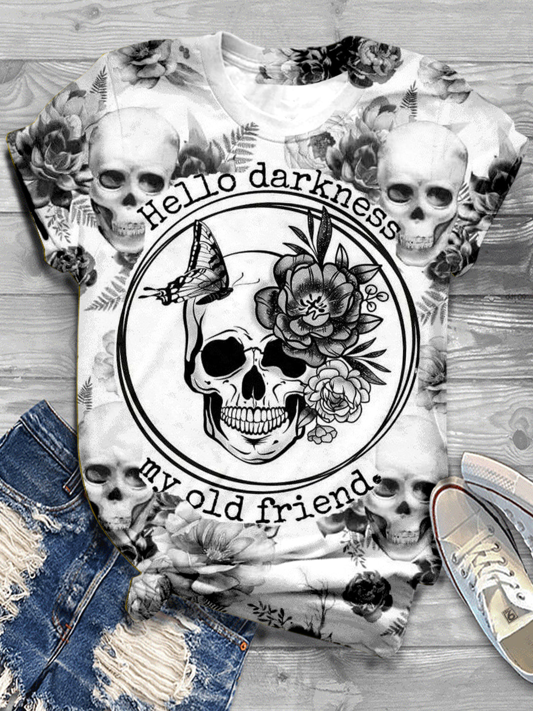 Hello Darkness My Old Friend Skull Print Casual T-shirt
