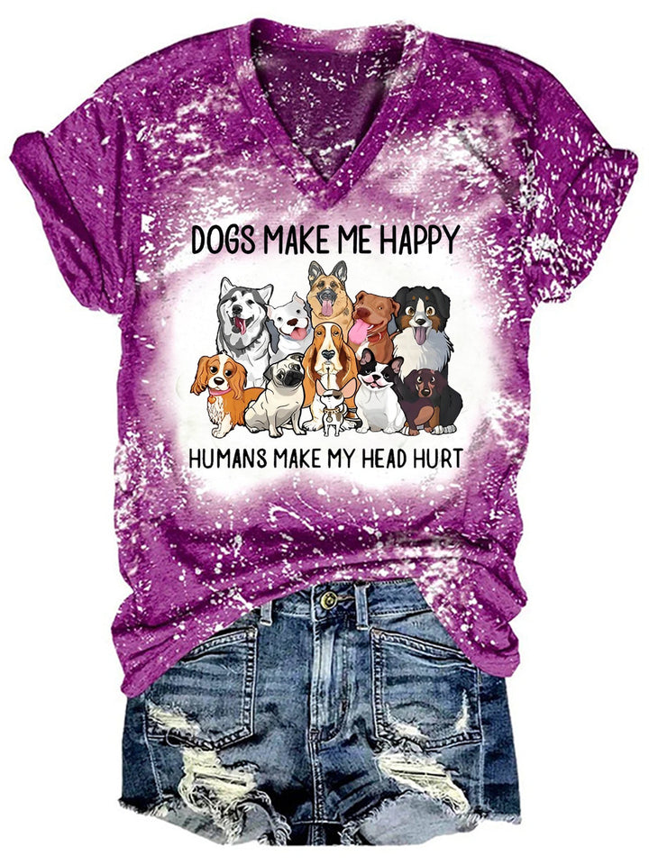 Dogs Make Me Happy Bleaching V Neck T-shirt