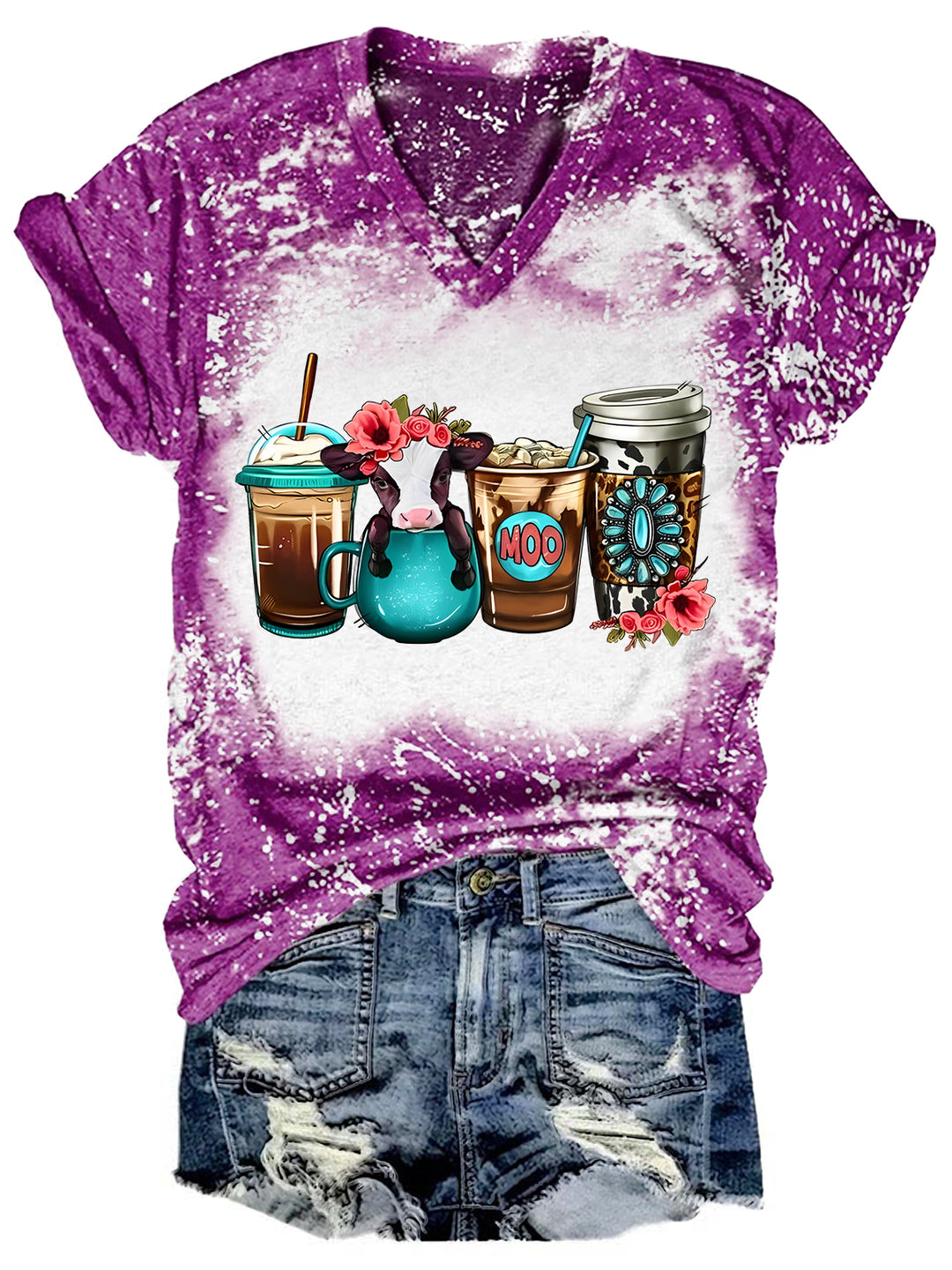 Floral Babe Cow Coffee Drink Tie Dye V Neck T-shirt
