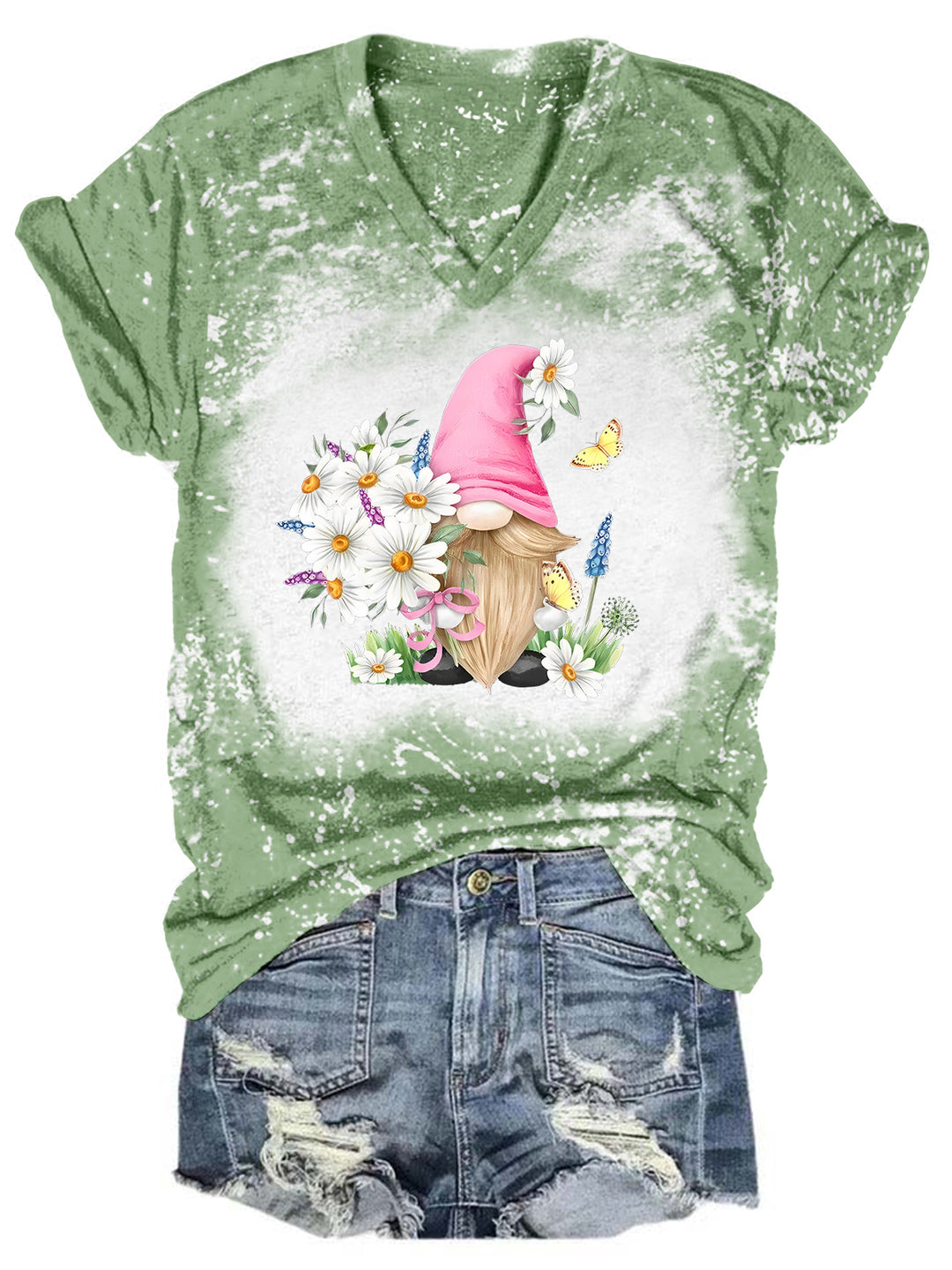 Daisy Floral Gnome Tie Dye V Neck T-shirt