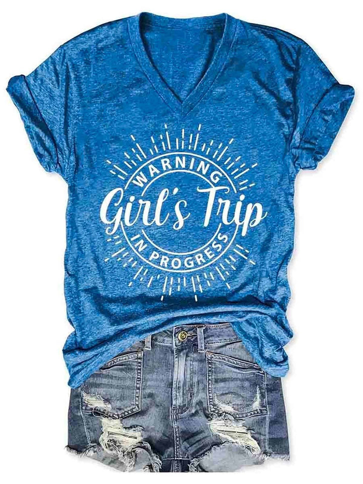 Warning Girl's Trip In Progress V Neck Cotton Blends Shirts & Tops