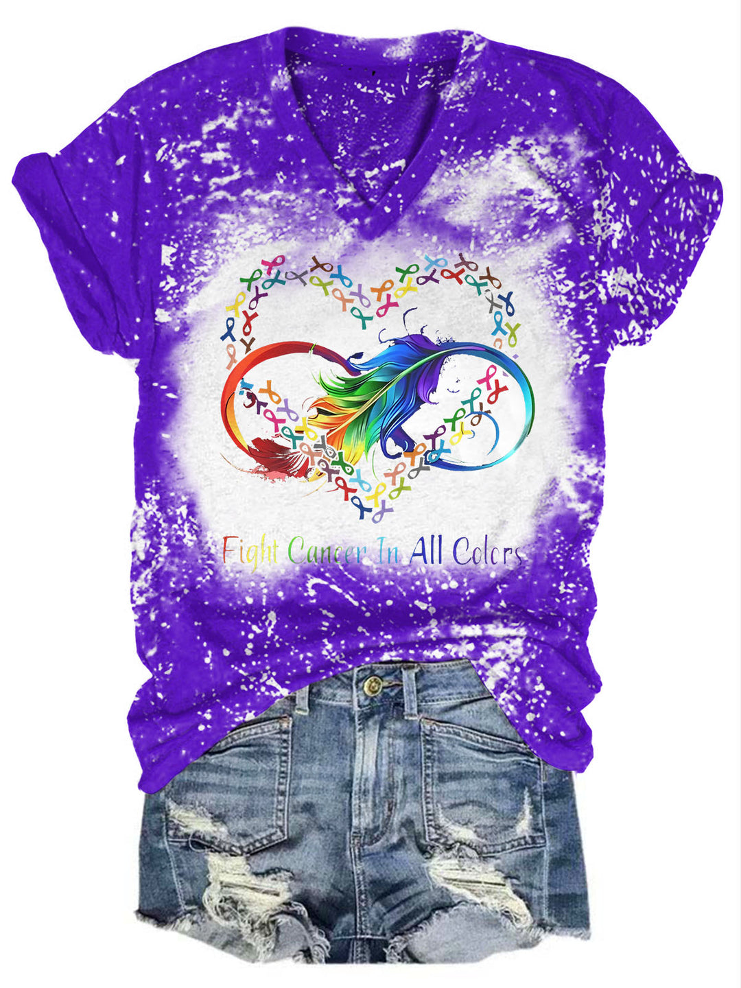 Fight Cancer In All Color Print V-Neck T-Shirt