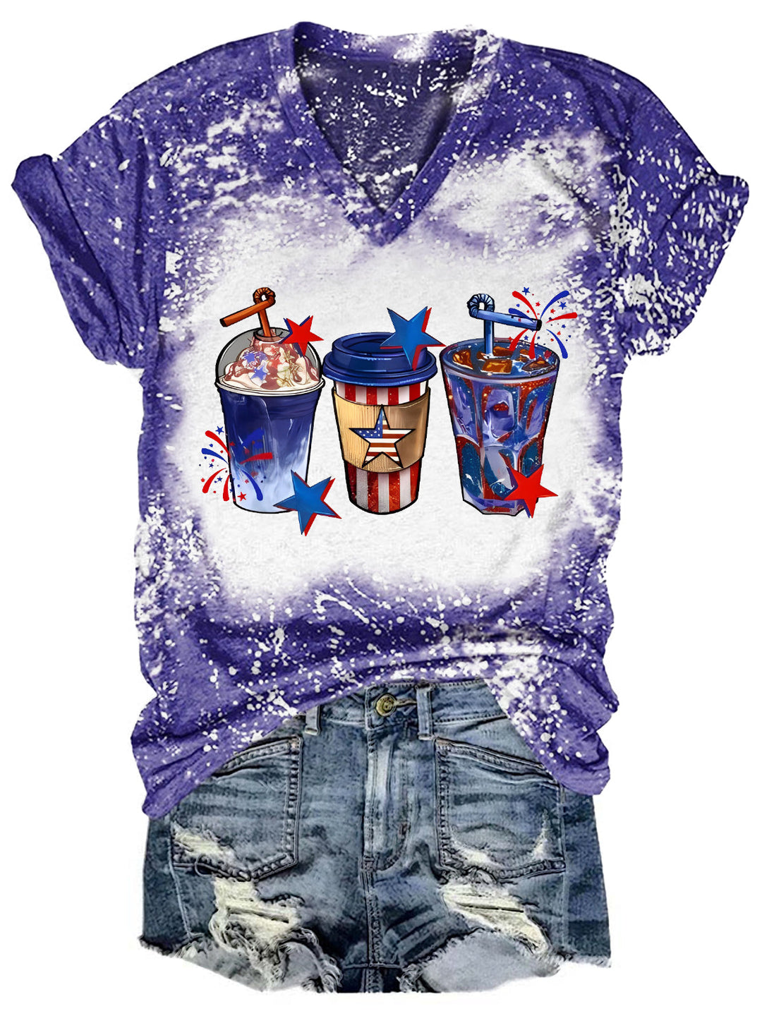 4th Of July Coffee Drink Tie Dye V Neck T-shirt
