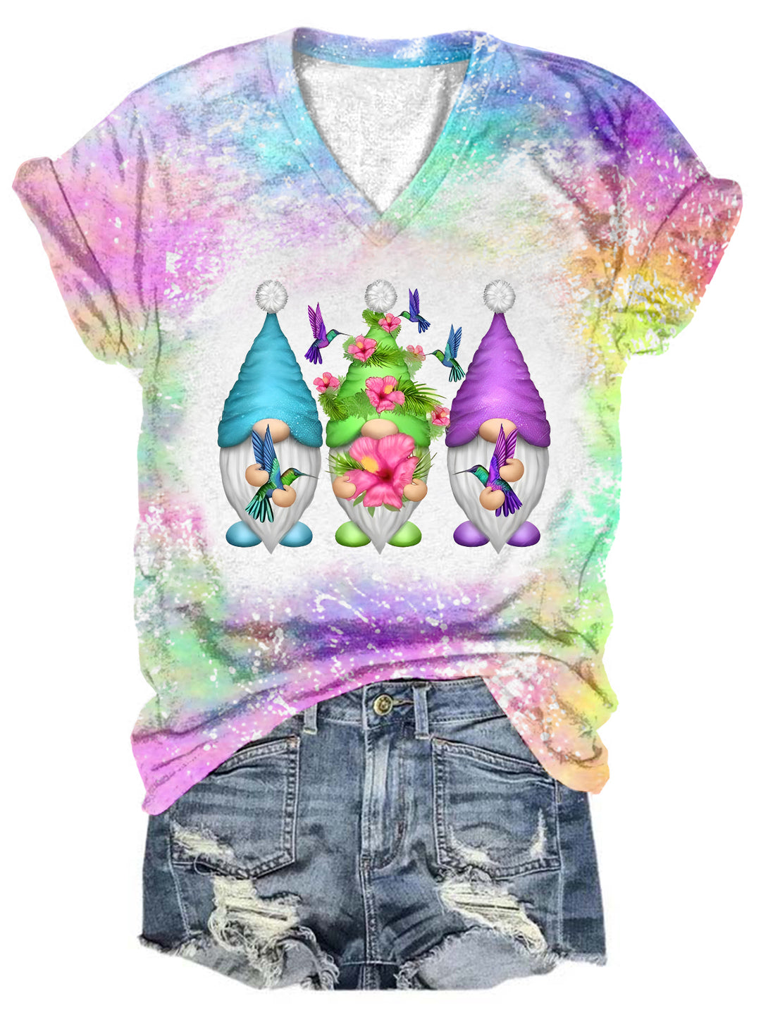 Hummingbird Gnomes Tie Dye V Neck T-shirt