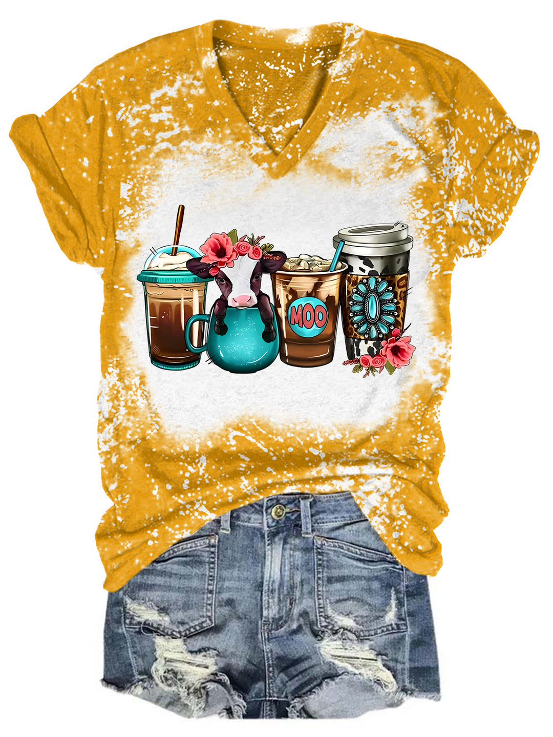 Floral Babe Cow Coffee Drink Tie Dye V Neck T-shirt