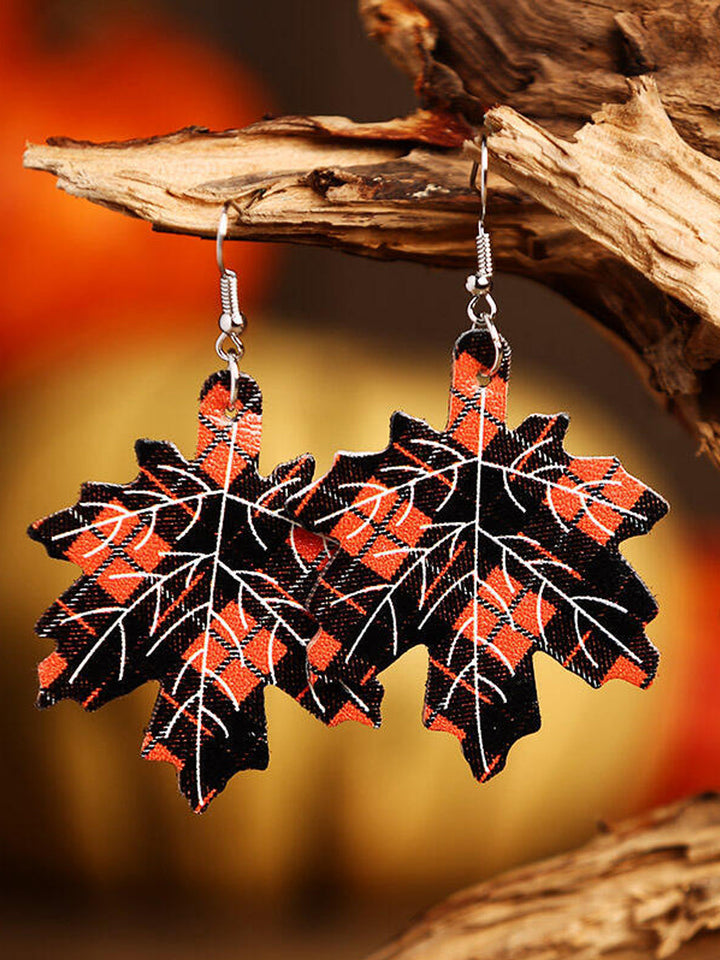 Pumpkin Maple Print Leather Earrings