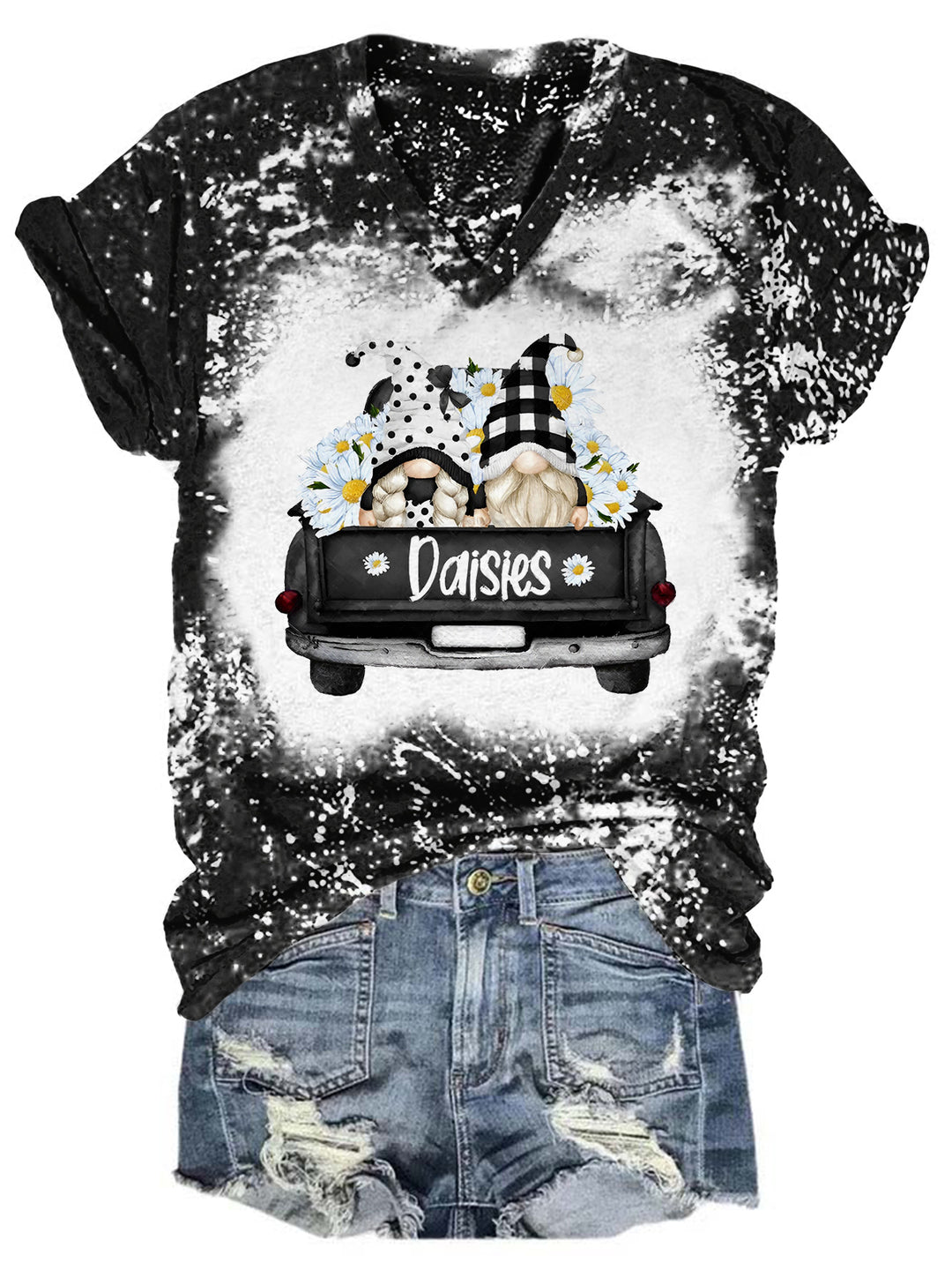 Daisy Gnomies Truck Tie Dye V Neck T-shirt